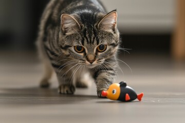 Wall Mural - Tabby Cat Staring at a Toy Fish