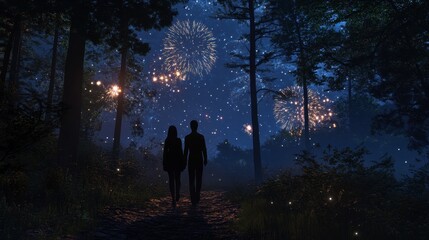 Wall Mural - Enchanting Firework Display in the Serene Forest Landscape