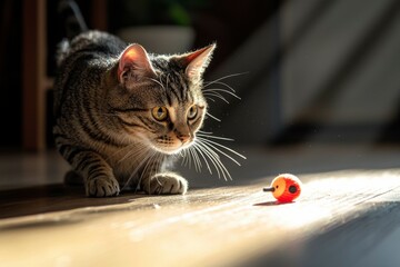 Poster - Tabby Cat Staring at a Red Bird Toy