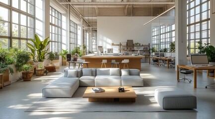 Modern open office space featuring a spacious lounge area with natural light and plants