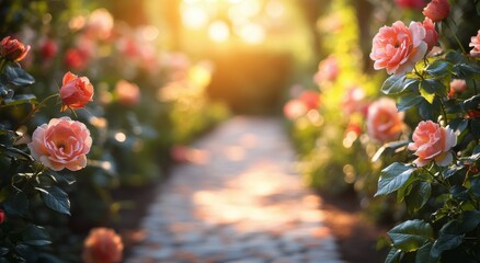 Wall Mural - Serene garden pathway lined with blooming roses at sunset in a tranquil park setting