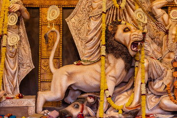 Subho mahalaya, An idol of animal of goddess durga decorated in Pandal. Durga Puja is biggest religious festival of Hinduism and for bengalis and is now celebrated worldwide.