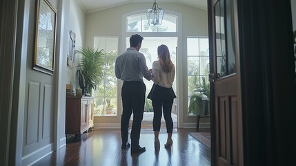 Wall Mural - Couple standing together in an inviting foyer with large windows, surrounded by natural light and greenery