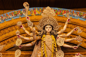 Subho mahalaya, An idol of Goddess Durga decorated in Pandal. Durga Puja is biggest religious festival of Hinduism and for bengalis and is now celebrated worldwide.