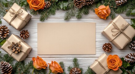 Wall Mural - Festive holiday display with gifts, roses, and pinecones on a wooden surface