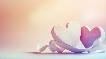 3d render, two hearts together with a ribbon, gradient background, copy space, space for text, valen