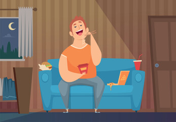 Poster - lazy man. fat character sitting on sofa in messy room and eating junk food