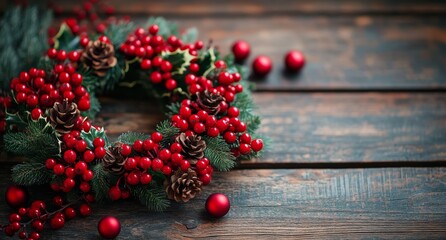 Wall Mural - Beautiful Christmas wreath decorated with red berries and pine cones on rustic wooden table