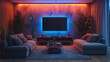 © AMA STUDIO - Modern living room with blue and red led lights at night showing home cinema concept