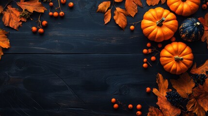 A table with a blue background and a variety of fall fruits