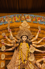 Subho mahalaya, An idol of Goddess Durga decorated in Pandal. Durga Puja is biggest religious festival of Hinduism and for bengalis and is now celebrated worldwide.