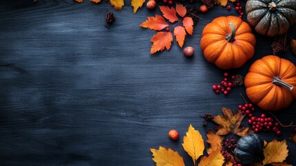 A table with a blue background and a variety of fall fruits