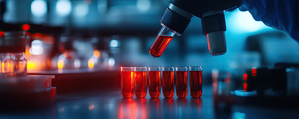 Close-up of a scientist's hand using a pipette to transfer red liquid into test tubes in a futuristic laboratory setting.