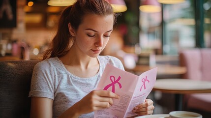 A young woman sitting in a cafe, reading a breast cancer awareness pamphlet while sipping tea, wearing a pink ribbon on her shirt, the cafe has a cozy atmosphere with soft lighting and pink-themed