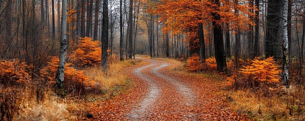 Winding path through a vibrant autumn forest with orange leaves and tall trees creating a serene and picturesque atmosphere.