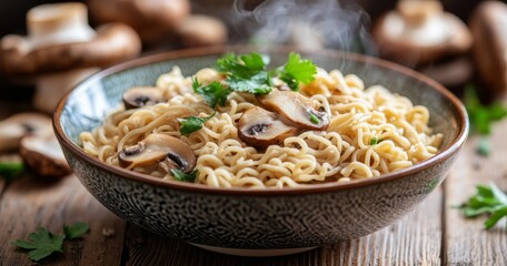 Wall Mural - Delicious sauteed mushrooms with fresh herbs served in a rustic bowl on a wooden table