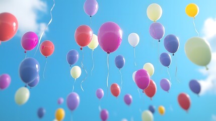 Wall Mural - Balloons close-up, in the blue sky, celebration background, birthday background, festival background, gift background 