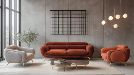 Modern and stylish living room interior featuring a red sofa and two armchairs