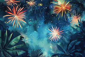 Wall Mural - Fireworks at New Year and copy space - abstract holiday background