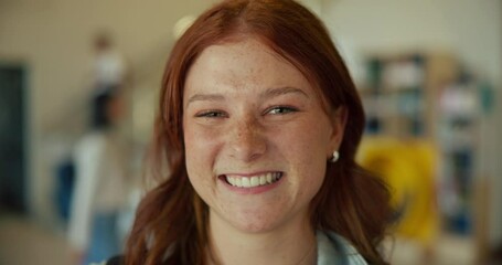 Poster - High school, student and face with happiness for education, pride for knowledge or learning. Teenage girl, smile and excited for scholarship opportunity at academy, youth with commitment to study