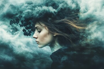 Sticker - Emotional processing Synaptic transmission Woman’s profile with a cloud covered brain symbolizing the obscured clarity of thoughts and emotional turmoil