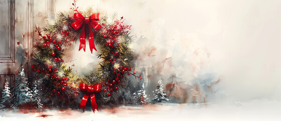 Wall Mural - watercolor painting of a christmas wreath, copy space, wreath decorated with ribbons, illustration, Christmas