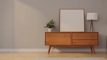 A stylish wooden sideboard is placed against a beige wall, adorned with a white lamp and a mock-up canvas. An elegant orchid pot adds a touch of nature to the modern space.