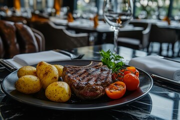 Wall Mural - Grilled beef steak with potatoes and tomatoes on a plate in a luxurious restaurant with a luxurious bistro interior.