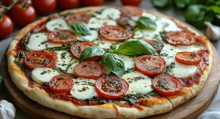 Wall Mural - Freshly baked Margherita pizza with tomatoes and basil on a wooden board