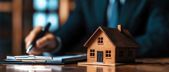 Close-up of a small house model on a table with a businessperson in the background signing documents, representing real estate or mortgage concept.