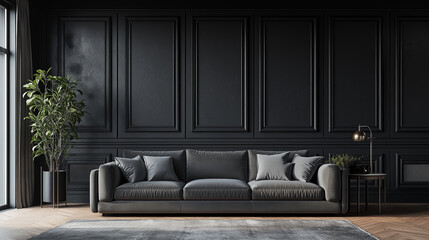 Wall Mural - Modern living room with a large sofa and a classic black wall