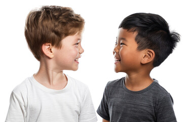 Sticker - PNG Asian boy and white boy smiling to each other child white background togetherness.