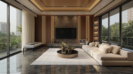 Wall Mural - Sunlight streaming through large windows illuminating a spacious modern living room