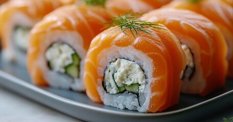 Poster - Fresh sushi rolls with cream cheese and salmon garnished with herbs on a plate