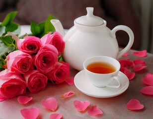 Wall Mural - cup of tea and roses