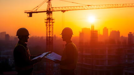 “silhouette of two construction workers with hard hats, overseeing a project against the backdrop of