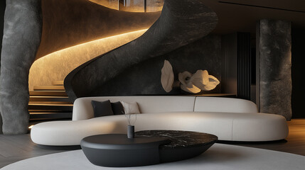 Wall Mural - Modern minimalist living room interior with curved sofa and sculptural staircase design