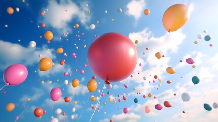 Wall Mural - Balloons close-up, in the blue sky, celebration background, birthday background, festival background, gift background 