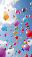 Wall Mural - Balloons close-up, in the blue sky, celebration background, birthday background, festival background, gift background 