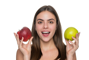 Natural organic products. Skincare and diet. Young woman dieting. Apple detox. Healthy lifestyle diet. Caucasian woman biting fresh apple isolated on white. Healthy food vitamin. Lunch break