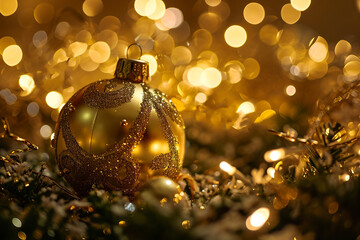 Golden sphere on black gold background. Gold Christmas decorations on black gold background. Copy space. New Year.