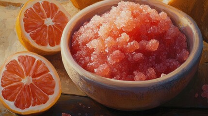 Oil painting depicting a container of grapefruit scrub with sugar designed for facial and body care