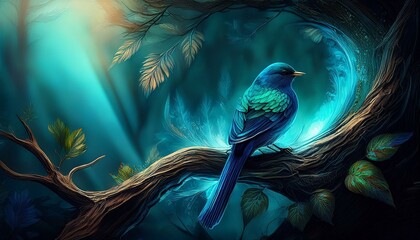 Beautiful turquoise background with a blue bird on the tree in a magical fairytale elvish forest. 