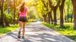 © Oleg - A fit woman jogging energetically through a scenic park with sunlight filtering through trees