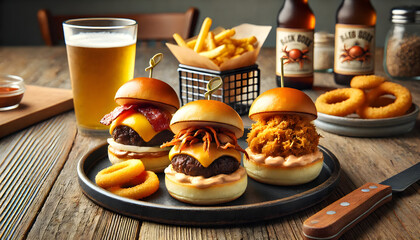 Canvas Print - Three sliders with cheese and bacon, pulled pork and a crab cake served on buns, with a side of fries and onion rings and a beer.