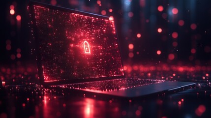 A glowing red padlock icon on a laptop screen, representing online security and data protection.