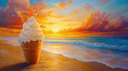 Oil painting depicting a tasty ice cream on sandy beach under a vibrant summer sunset capturing the essence of a warm and relaxing atmosphere