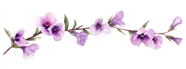 Watercolor illustration of Angelonia Goyazensis flower with stiff stems featuring branches surrounding the trunk and small slender rounded ends The flowers display beautifully bloomed purple petal