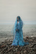 © Milou Dirks - art portrait of woman on the beach in long blue dress covered with shiny thin fabric