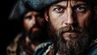 ©  Jovaduplex - An intense pirate with blue eyes and a bearded face, dressed in a historical pirate costume, stares defiantly into the camera, embodying adventure, rebellion, and bravery.